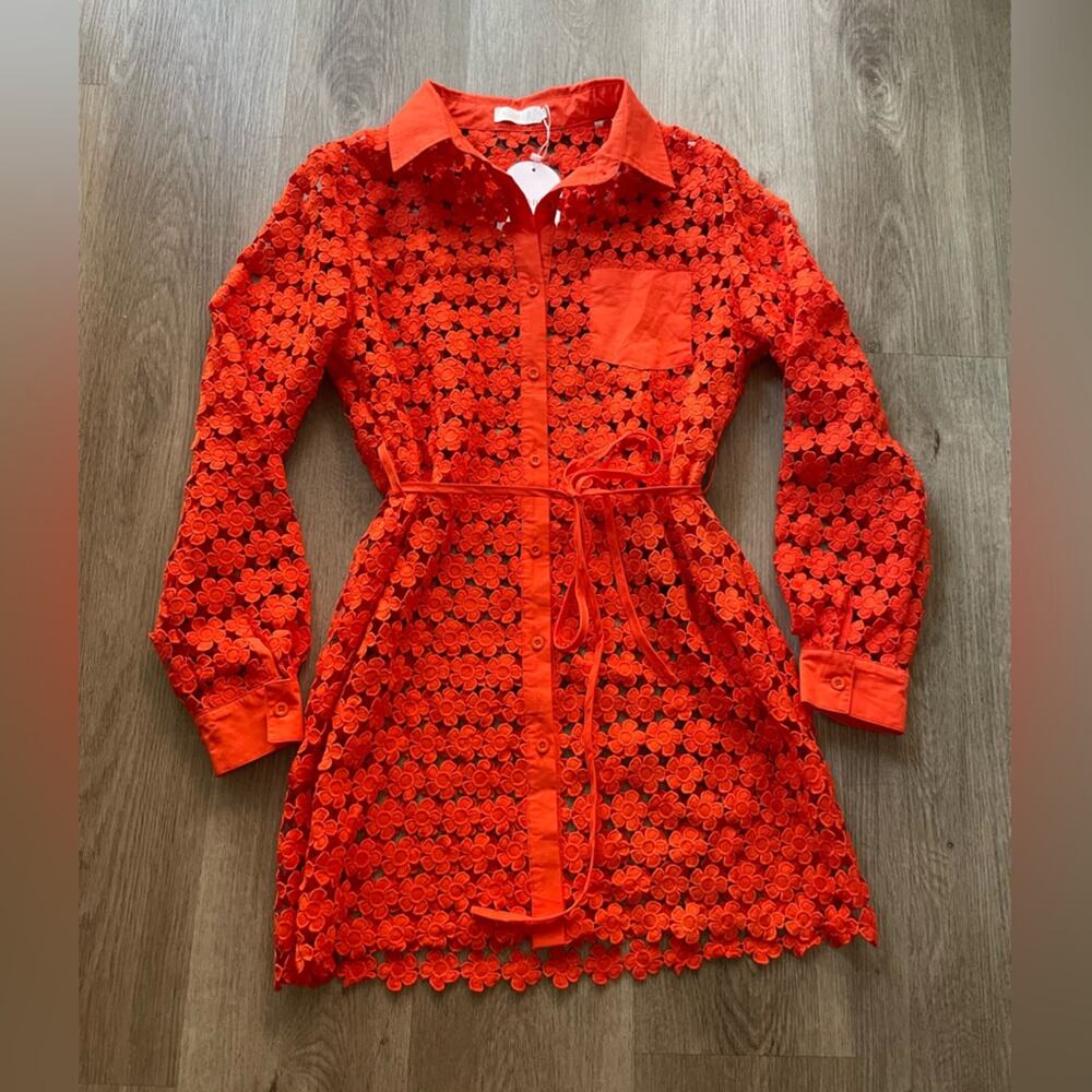 rumer capri orange floral embroidered collared sheer mini button front dress NEW